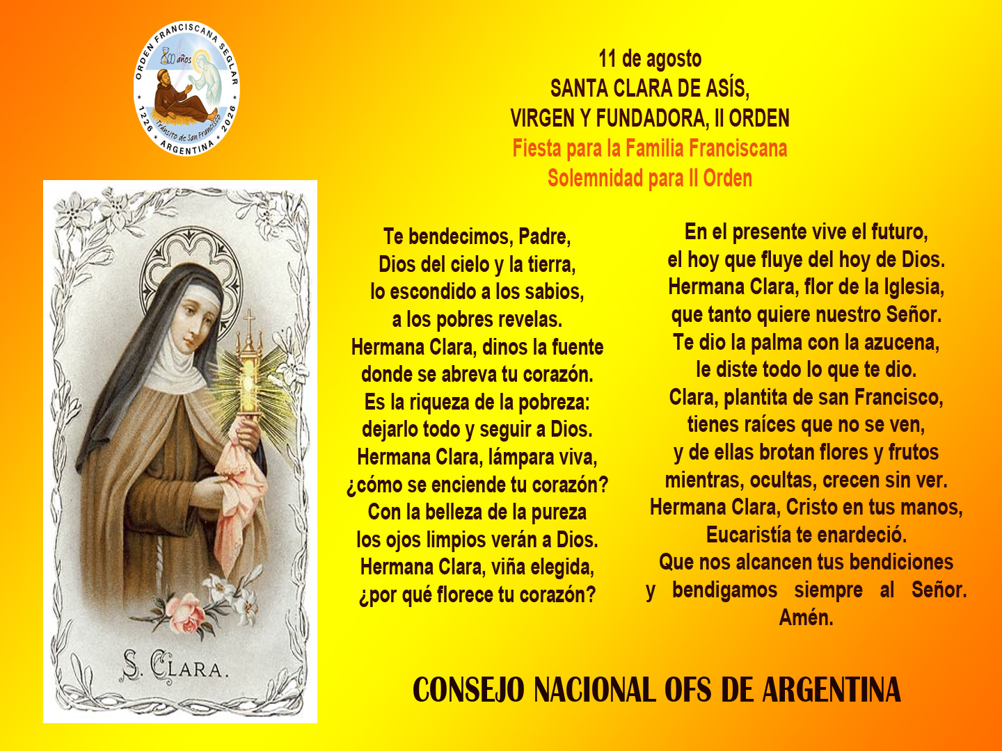 11 de agosto - Santa Clara de Asís Virgen y Fundadora