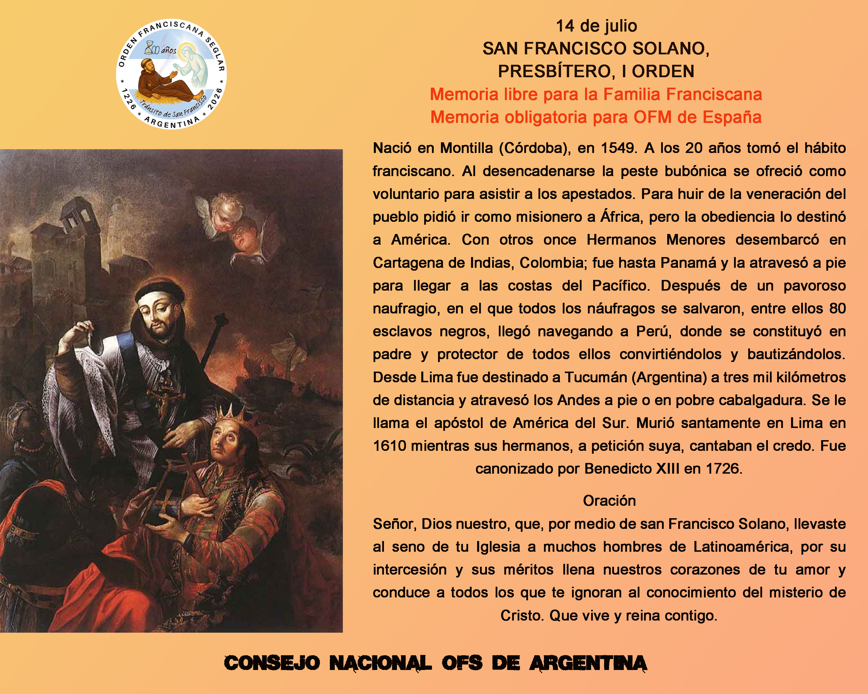14 de julio - San Francisaco Solano - Presbítero I Orden