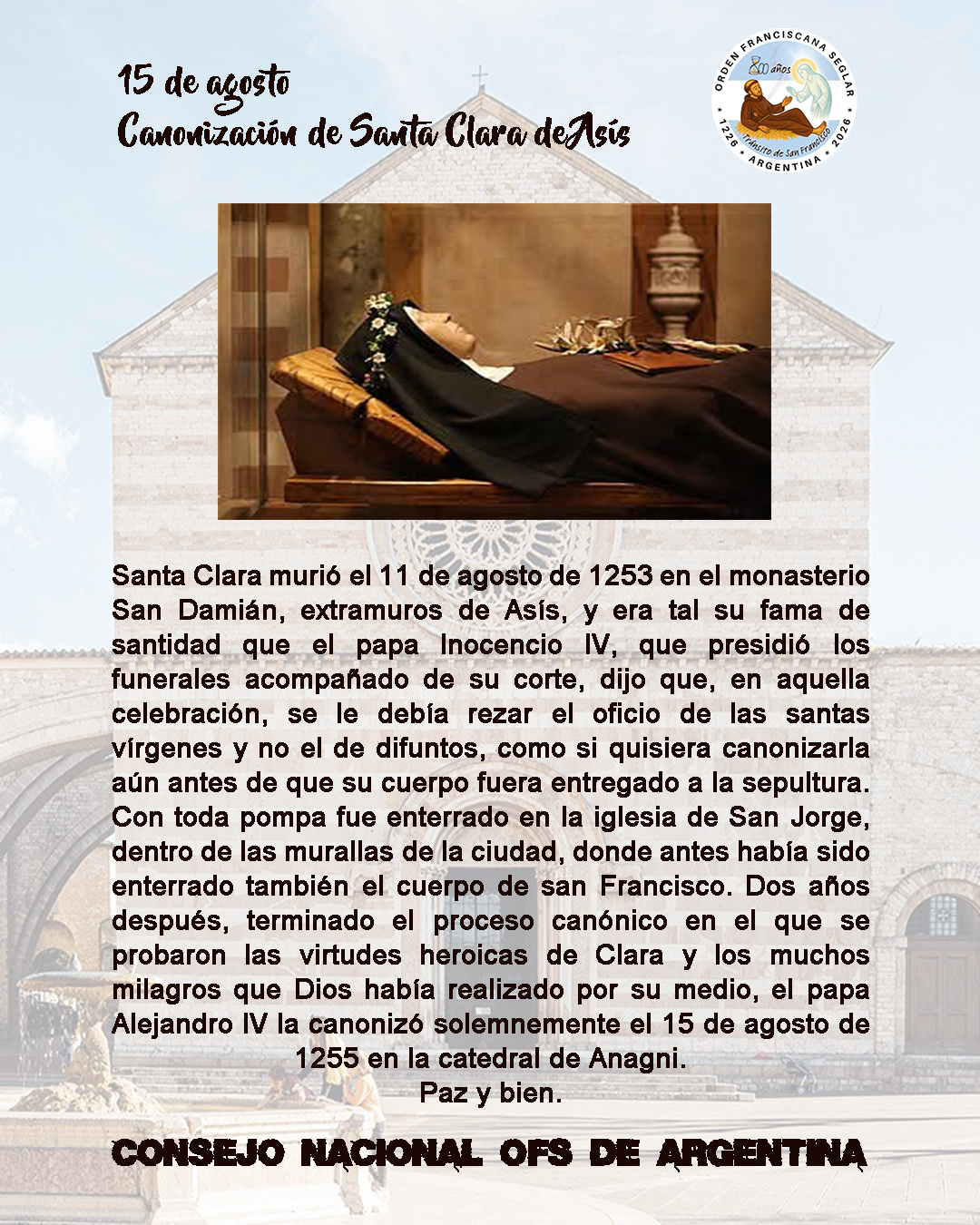 15 de agosto - Canonización de Santa Clara de Asís