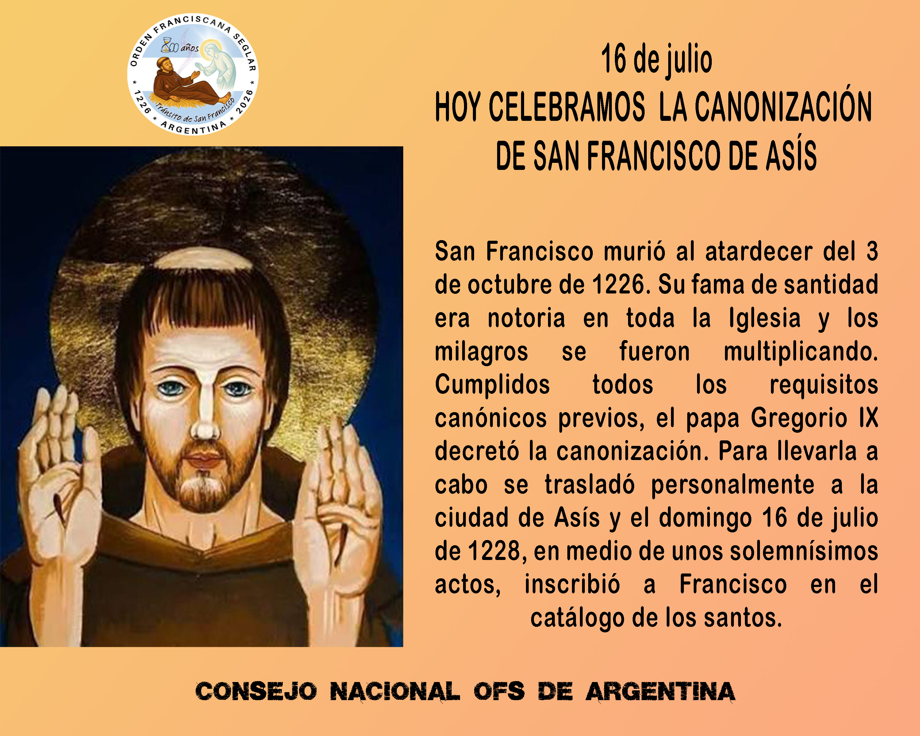 16 de julio - Aniversario de la Canonización de San Francisco de Asís