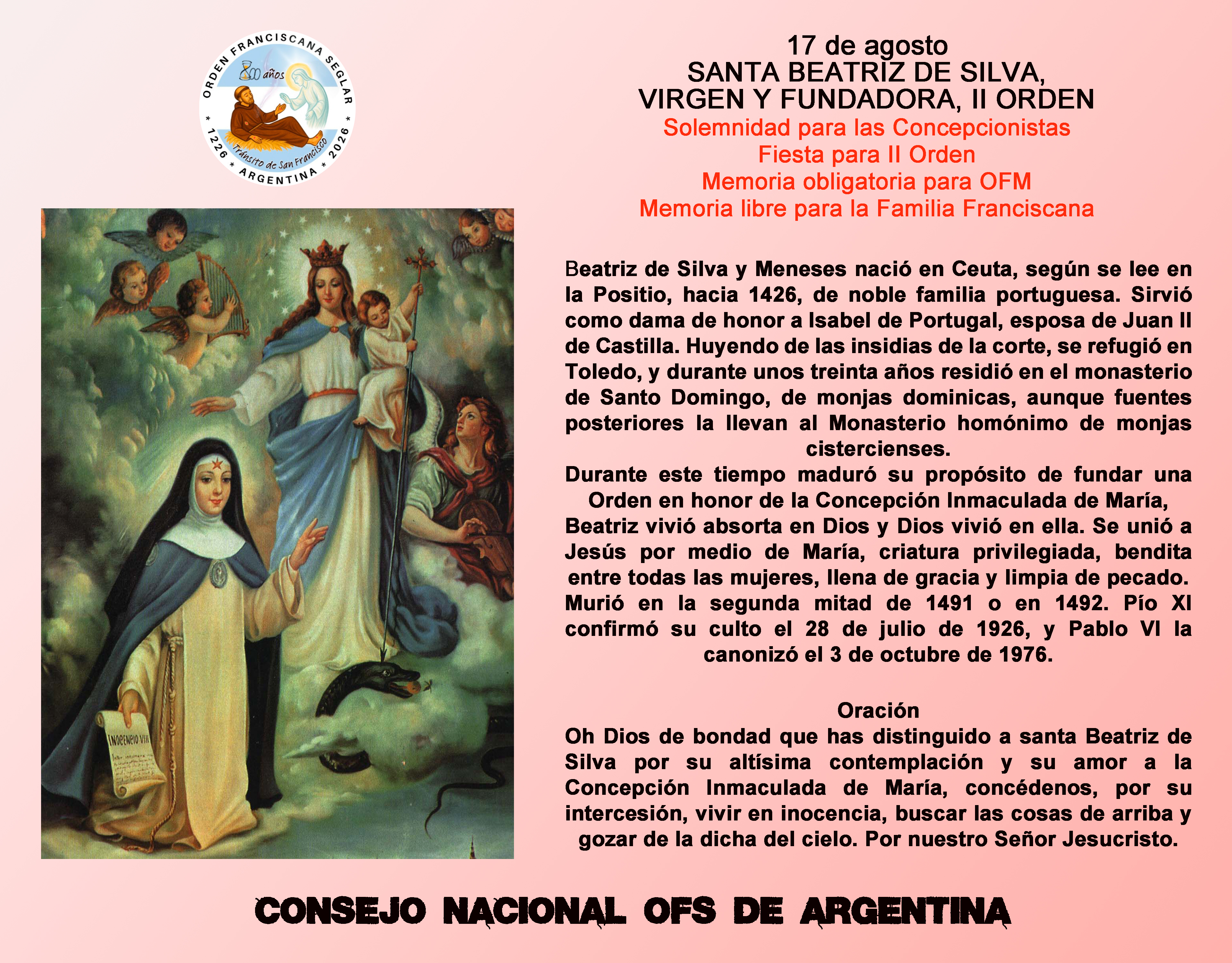 17 de agosto - Santa Beatriz de Silva - Virgen y Fundadora, II Orden
