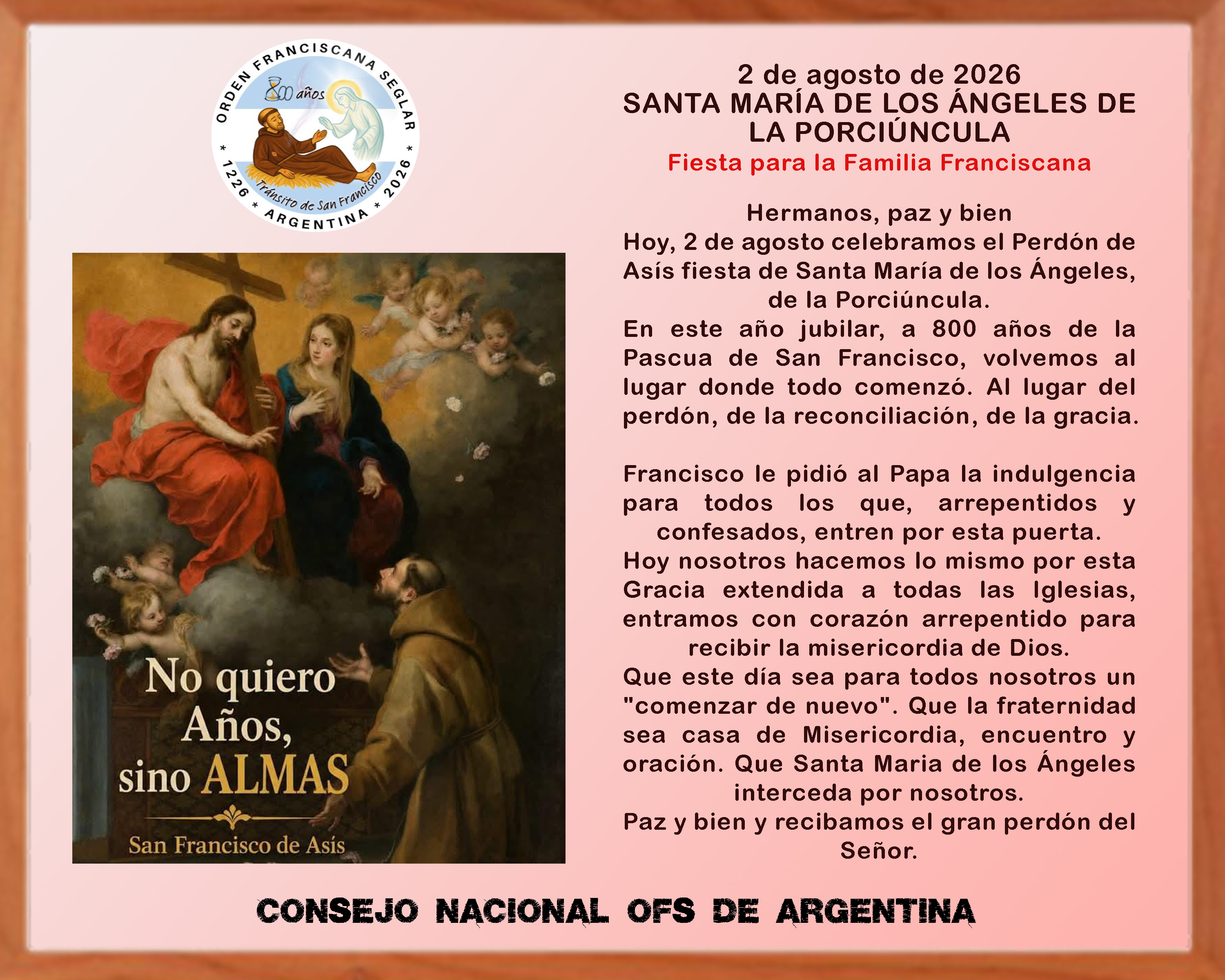 2 de agosto de 2026 - Santa María de los Angeles de la Porciúncula