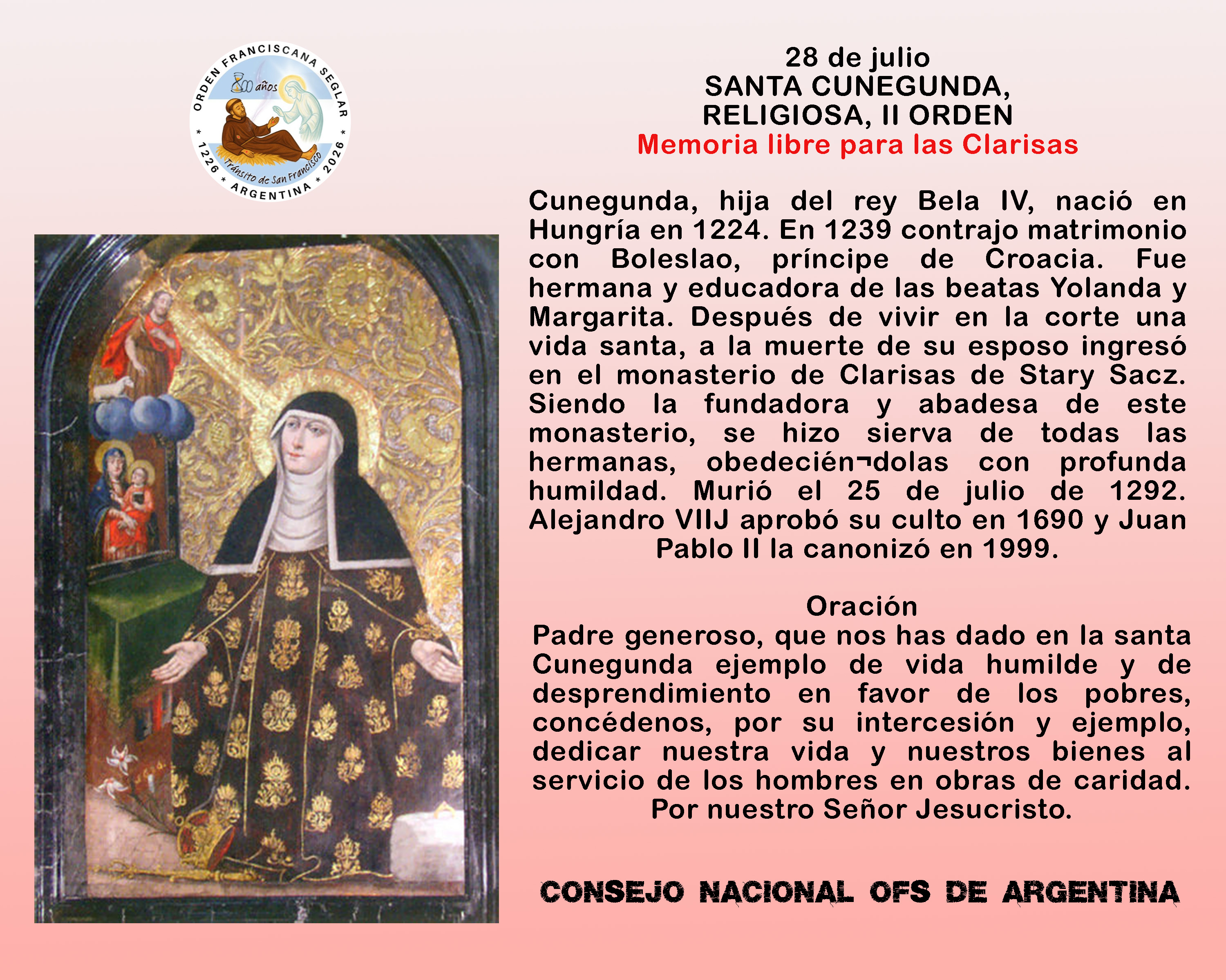 28 de julio - Santa Cunegunda, Religiosa, II Orden