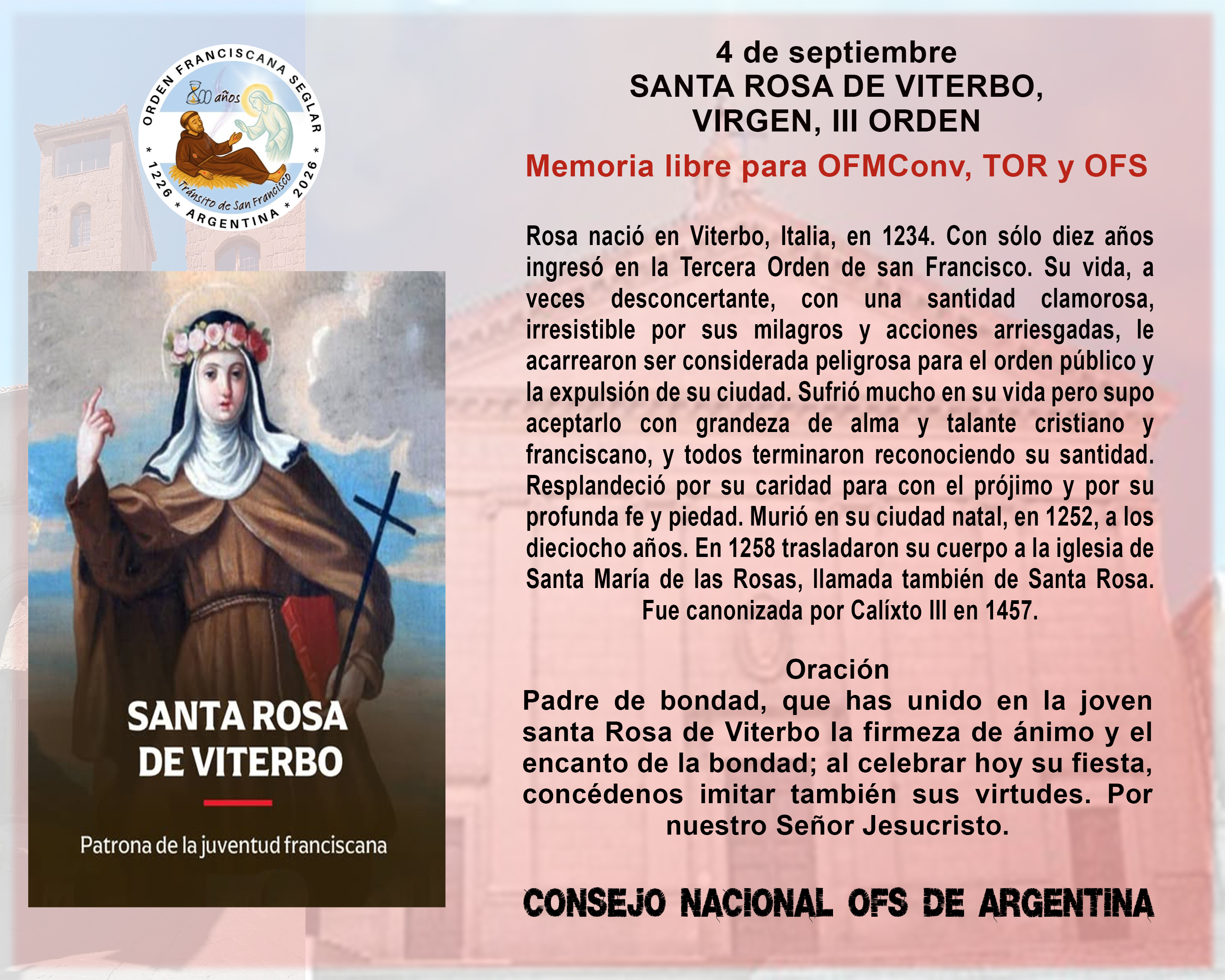 4 de setiembre - Santa Rosa de Viterbo, Virgen III Orden