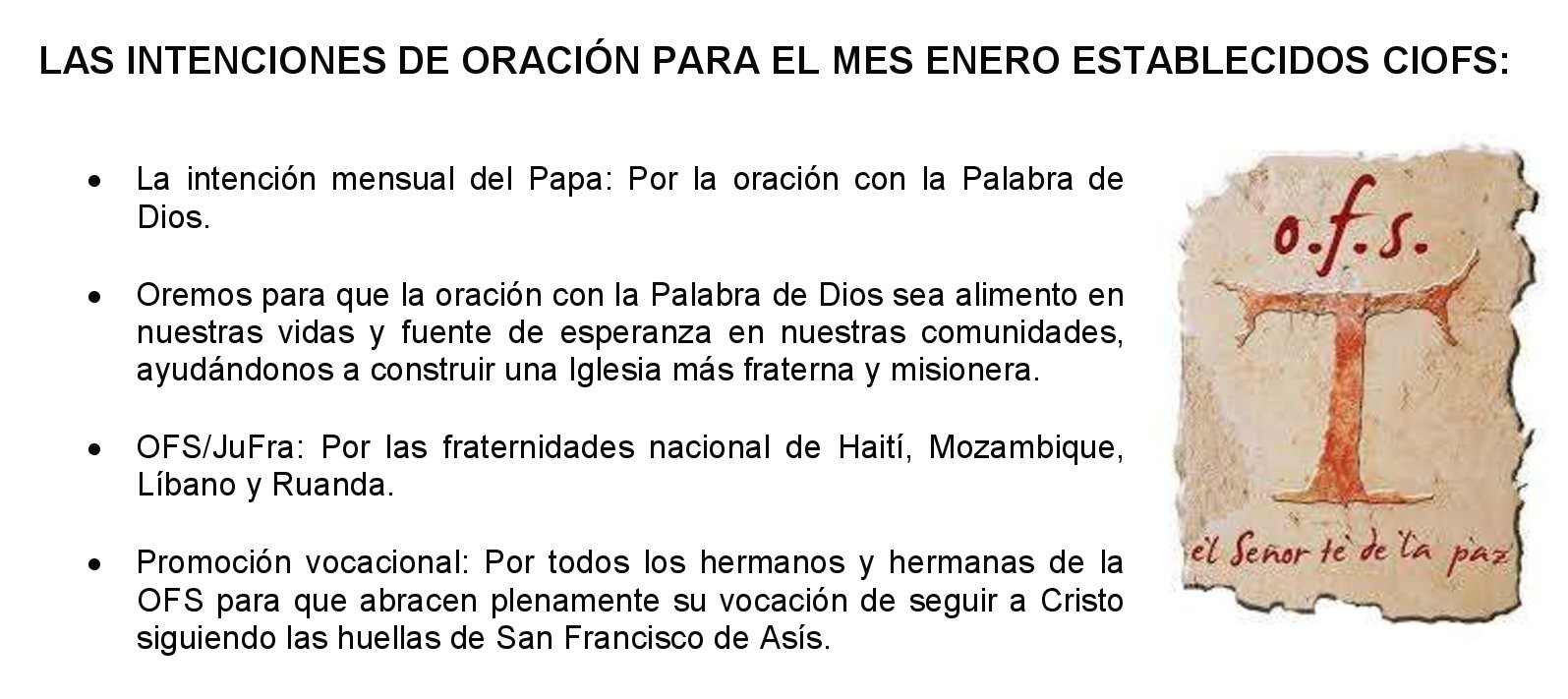 10 de enero CIOFS Intenciones de Oración para el mes de enero
